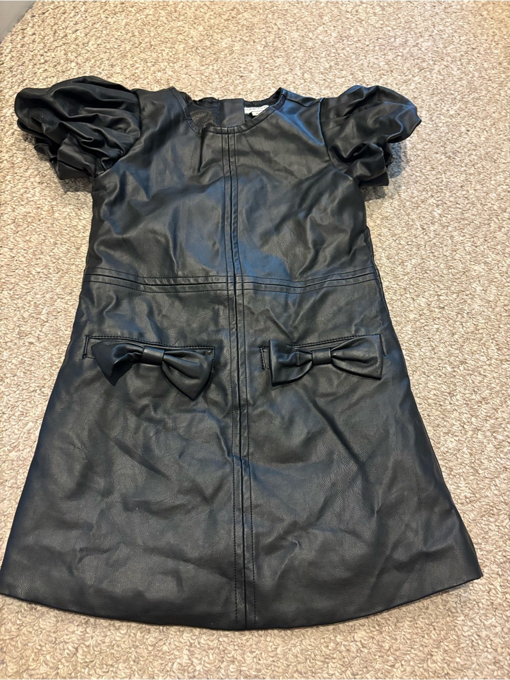 Habitual Black Faux-Leather Puff Sleeve Dress with Bow Pockets